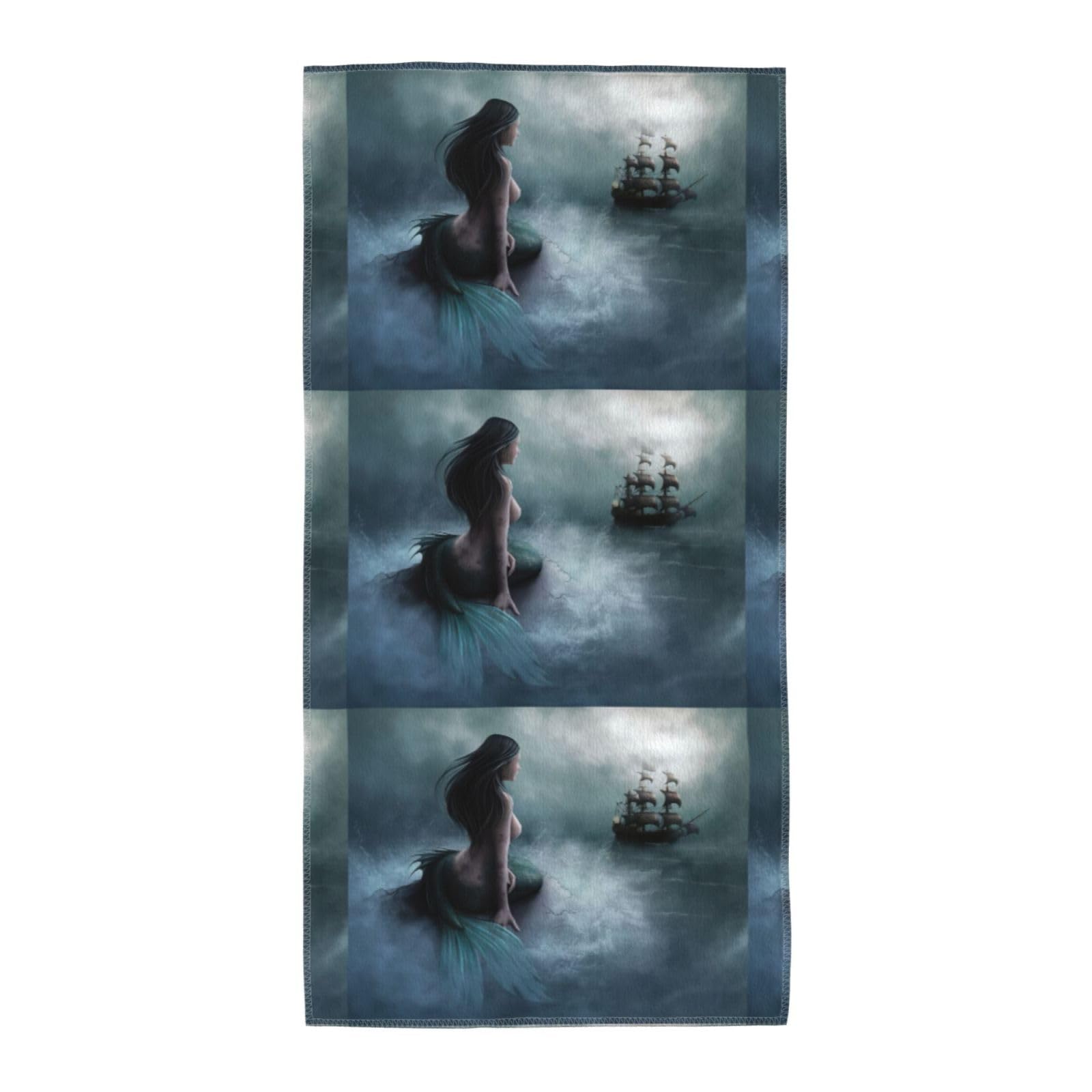 KAPPTYY Mermaid Girl And Sailing On Sea Pirate Ship Breathable Long Towel Absorbent Reusable For Daily Family Life