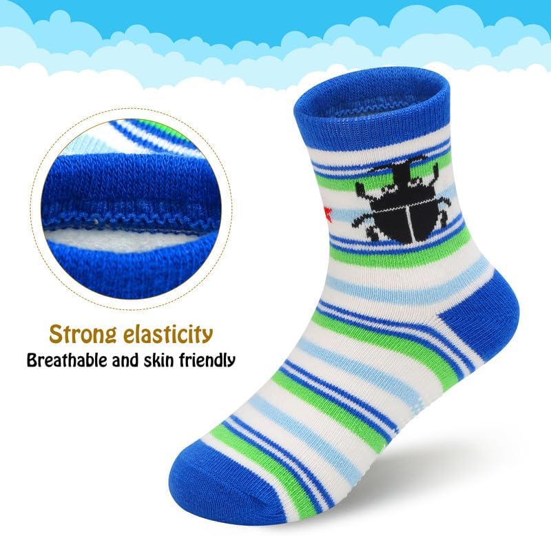 Padgene 10 Pairs Kids Boys Fun Novelty Socks Toddler None Slip Cotton Crew Dress Socks Cartoon Dinosaur Car Shark Stripes - Image 6