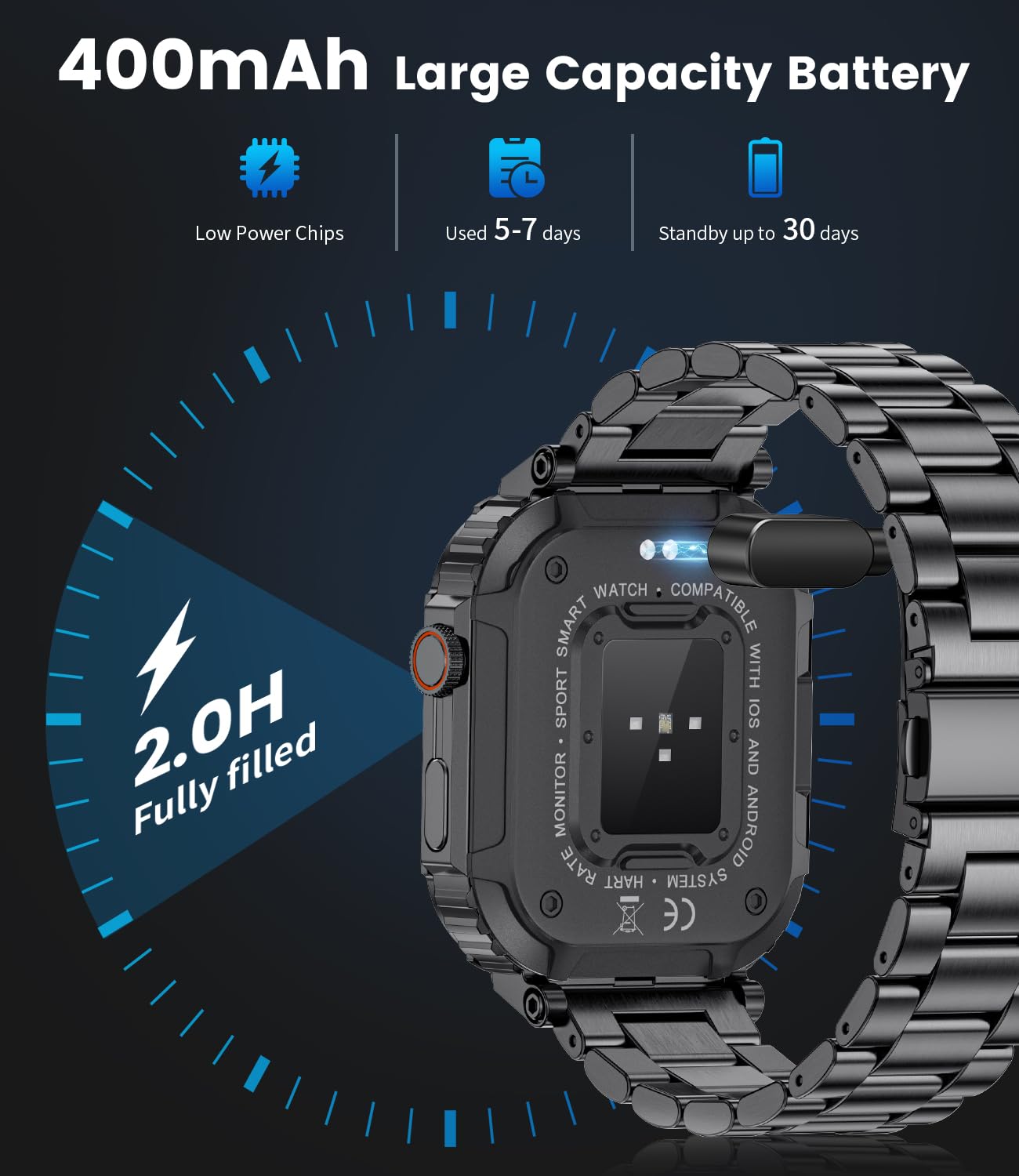 Smartwatch męski, ekran dotykowy o przekątnej 1,96", 400 mAh, duża bateria, 100+ trybów sportowych, zegarek fitness z IP68, wodoszczelny, pomiar tętna, monitor snu, kompatybilny z systemem iOS