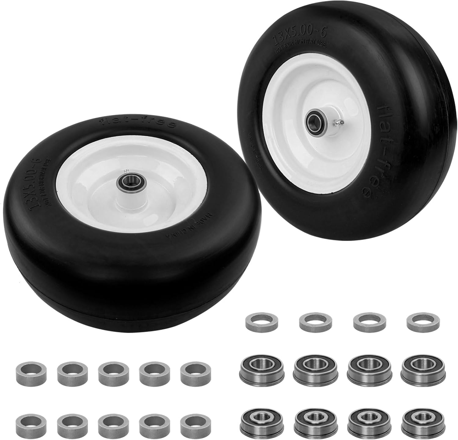 HQPASFY 13x5.00-6 Flat-Free Lawn Mower Tire & Wheel Set of 2, Zero-Turn Mower Front Tires with 1/2" & 5/8" Bearings, Solid Smooth Puncture-Proof Replacement for Lawn Mowers & Zero-Turn Mowers, White 13x5.00-6 Flat-Free White