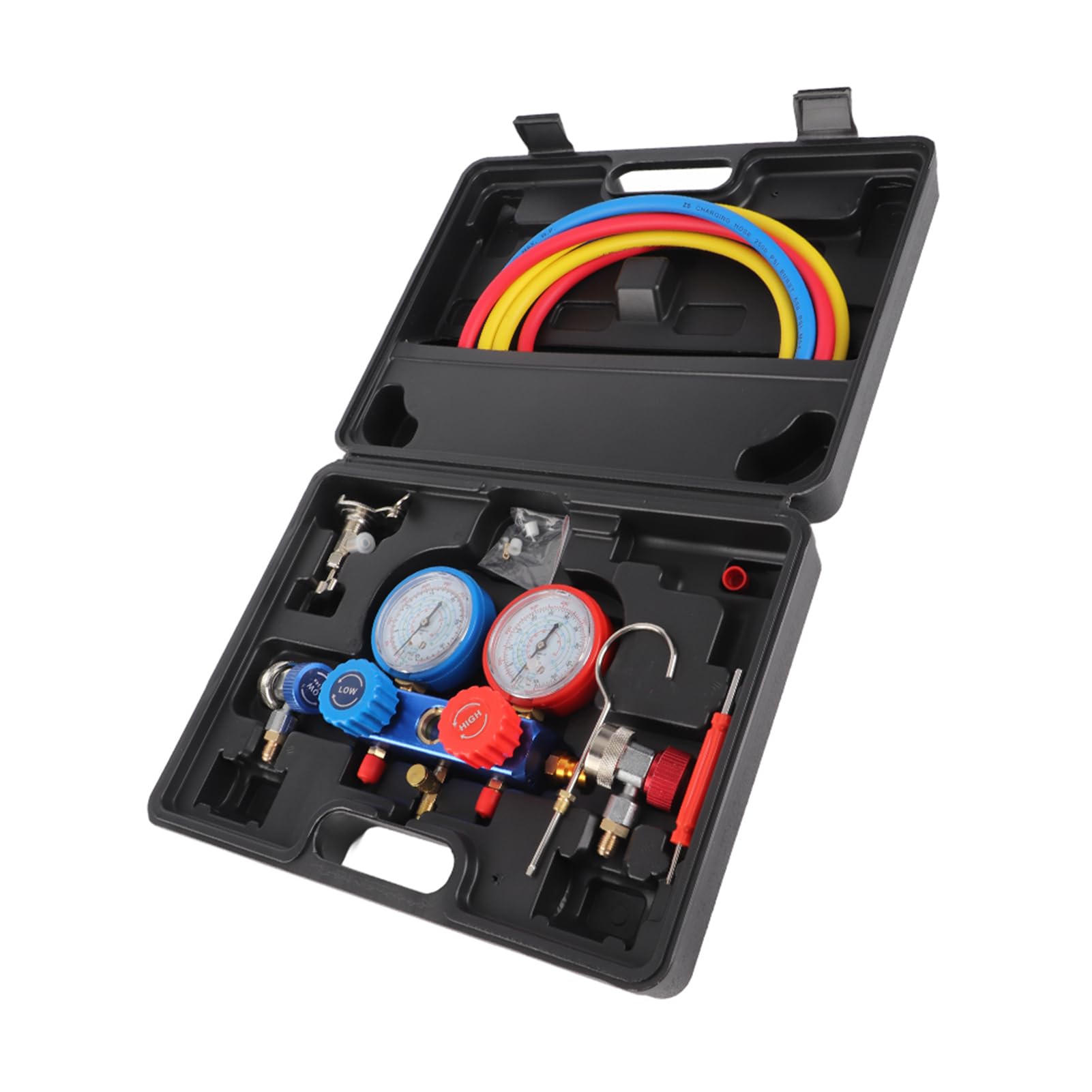 Juego de Manómetros Colectores R134a con Manómetros Dobles Precisos y Gancho Resistente para Sistemas de Aire Acondicionado Automotrices