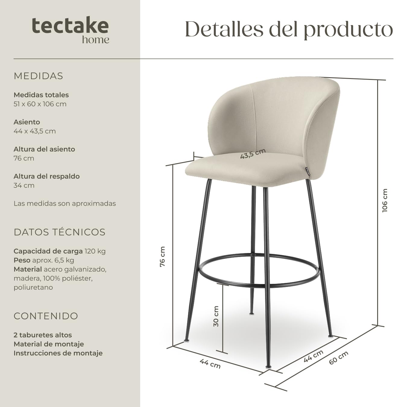 tectake® Taburete Alto con Respaldo Acolchado, Silla Alta de Cocina con Reposapiés, Banqueta con Patas de Acero y Topes Antideslizantes, Silla de Bar, Taburete de Cocina - 2 sillas Crema/Negro