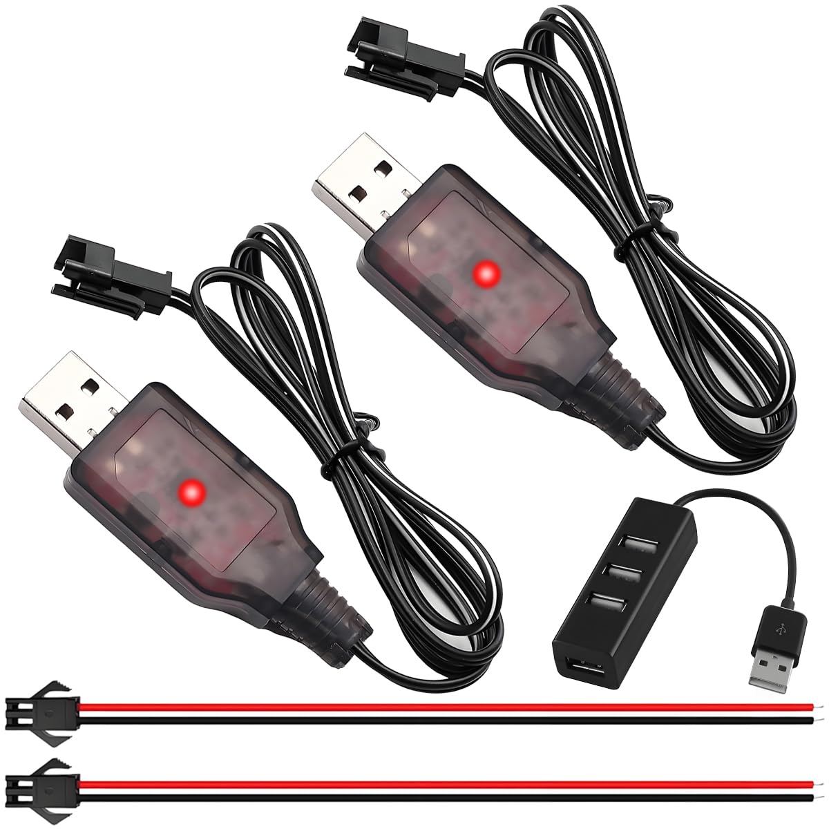 ZHUROUPU 2Pcs 4.8V RC USB Battery Charger with SM-2P Plug Connector for Nicd/Nimh Batteries, 250mA RC Cars Drones Portable Charger Cable with LED Indicator, 4 Port USB 3.0 Hub Splitter