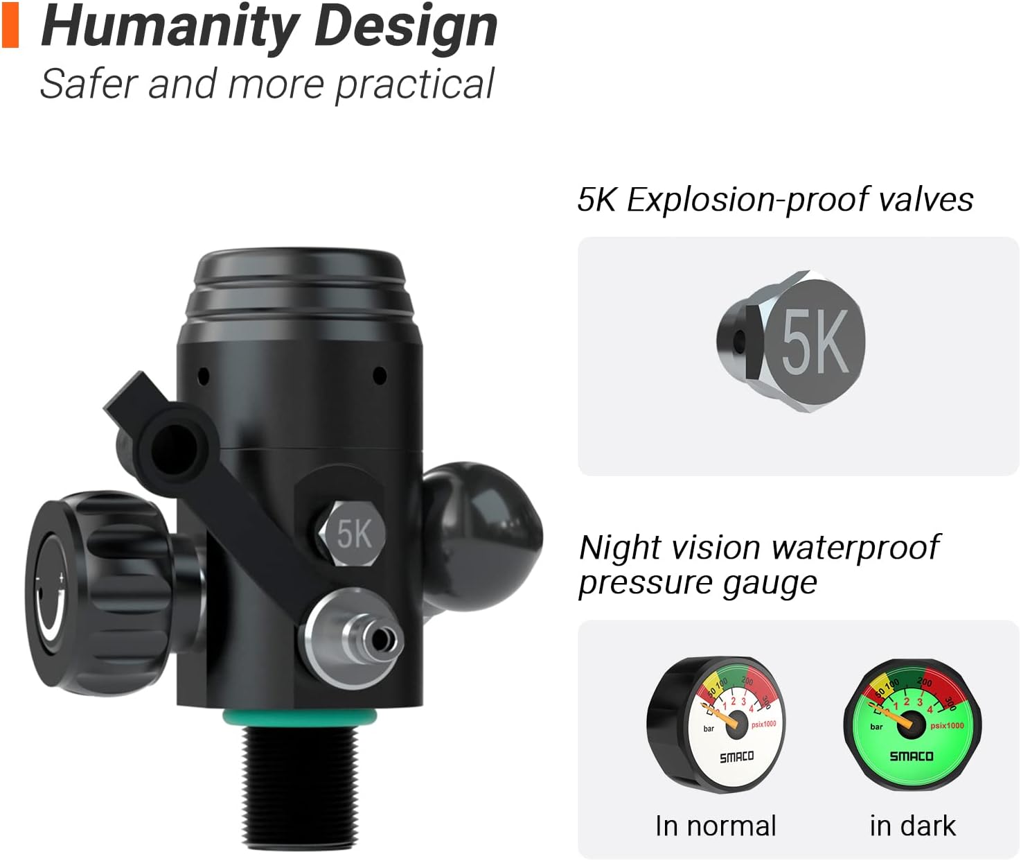 SMACO Scuba Regulators for Mini Scuba Tank Scuba Diving Valves with Silicone Mouthpiece and Pressure Gauge, Support 3000psi/200bar/20Mpa Air Pressure, Support Scuba Tank