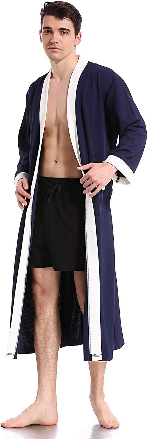Like2Sea Waffle Robe for Men, V-Neck Full Length Soft Kimono Bathrobe,Blue, XL