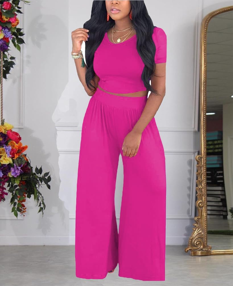 HBQ Two Piece Outfits For Women Casual Sweat Suits Backless Short Sleeve Crop Tops Wide Leg Pants Lounge Sets Tracksuit-Rose Red-L - Image 2