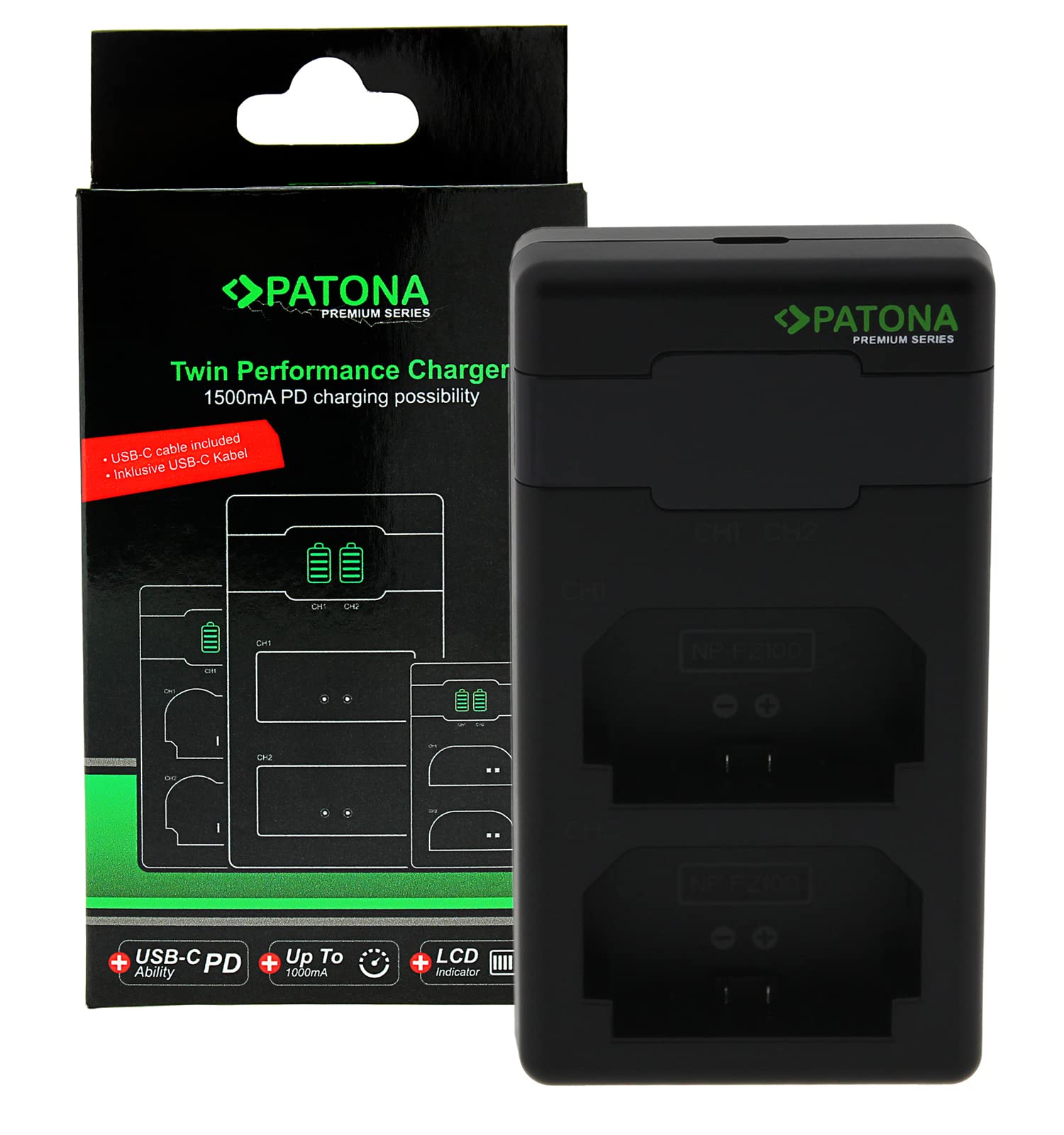 PATONA Premium Caricabatterie doppio PD per Sony NP-FZ100 – Dual LCD, USB-C PD/QC 1500mA, alimentatore 20W incluso – per Alpha A1, A7 III, A7 IV, A7R III-V, A7S III, A9 II, A6600, A6700, FX3, FX30