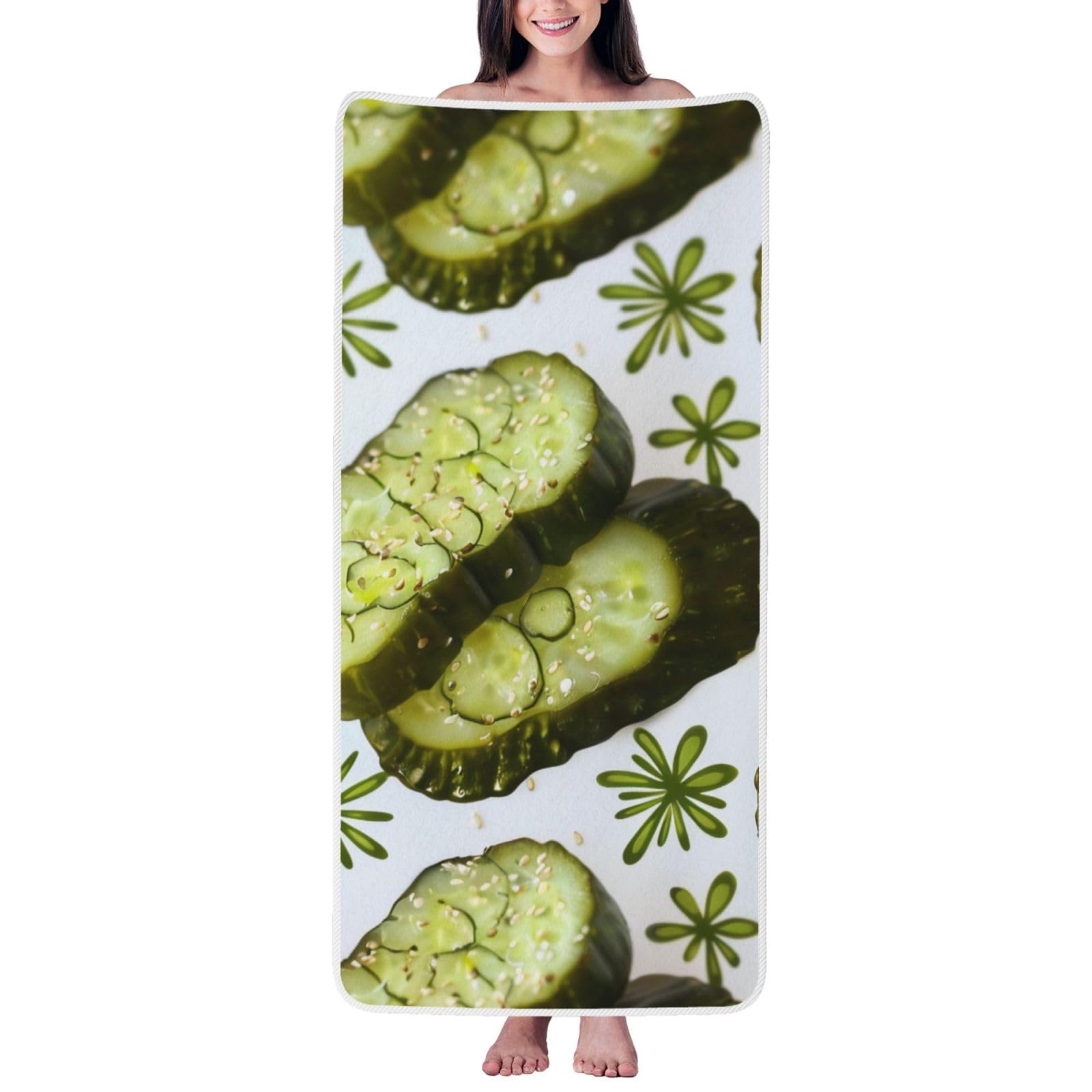 WPKJU Sushi Dill Pickles Printed Bath Towel with White Edging - 27x55 in Soft Extra Absorbent Coral Velvet Shower Towels for Bathroom
