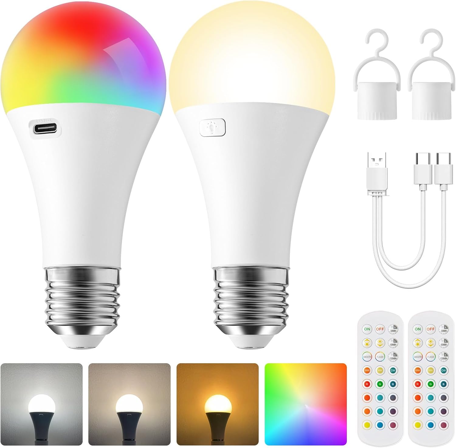 2Pack E26 Rechargeable Mild Bulbs with Distant, A19 40W Equal Bulb, Delicate Heat White 2700K, 400LM Dimmable 5W LED Mild Bulb with 15 Colours 3 Timer for Non-Wired Lamp Sconce, Contact, Distant Management