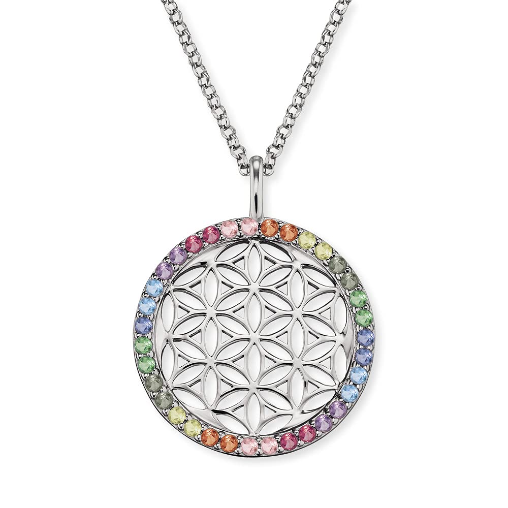 Engelsrufer Angel Whisperer Women's Necklace Made of Sterling Silver with Flower of Life Pendant – Set with Zirconia Stones – Lobster Clasp, Adjustable Length, Nickel-Free, 21mm, Sterling Silver