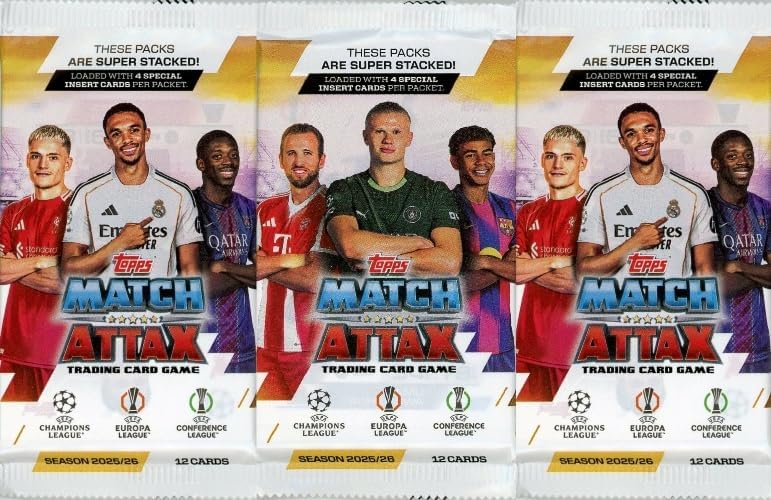 2025/26 Topps Match Attax UEFA Champions League Soccer Collection of (3) Factory Sealed Foil Packs with 36 Cards! Look for Top Stars including Lamine Yamal, Erling Haaland,Kylian Mbappe & Many More!
