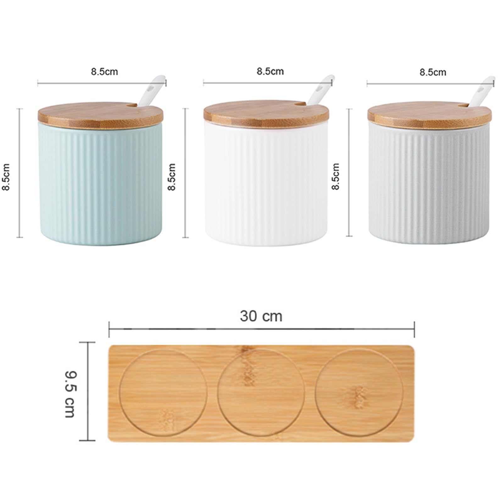 Juego de 3 azucareros de cerámica de 300 ml con bandeja para servir, tarro de especias colorido con tapa de madera y cuchara para sal, azúcar, café, té, caja de condimentos para el hogar