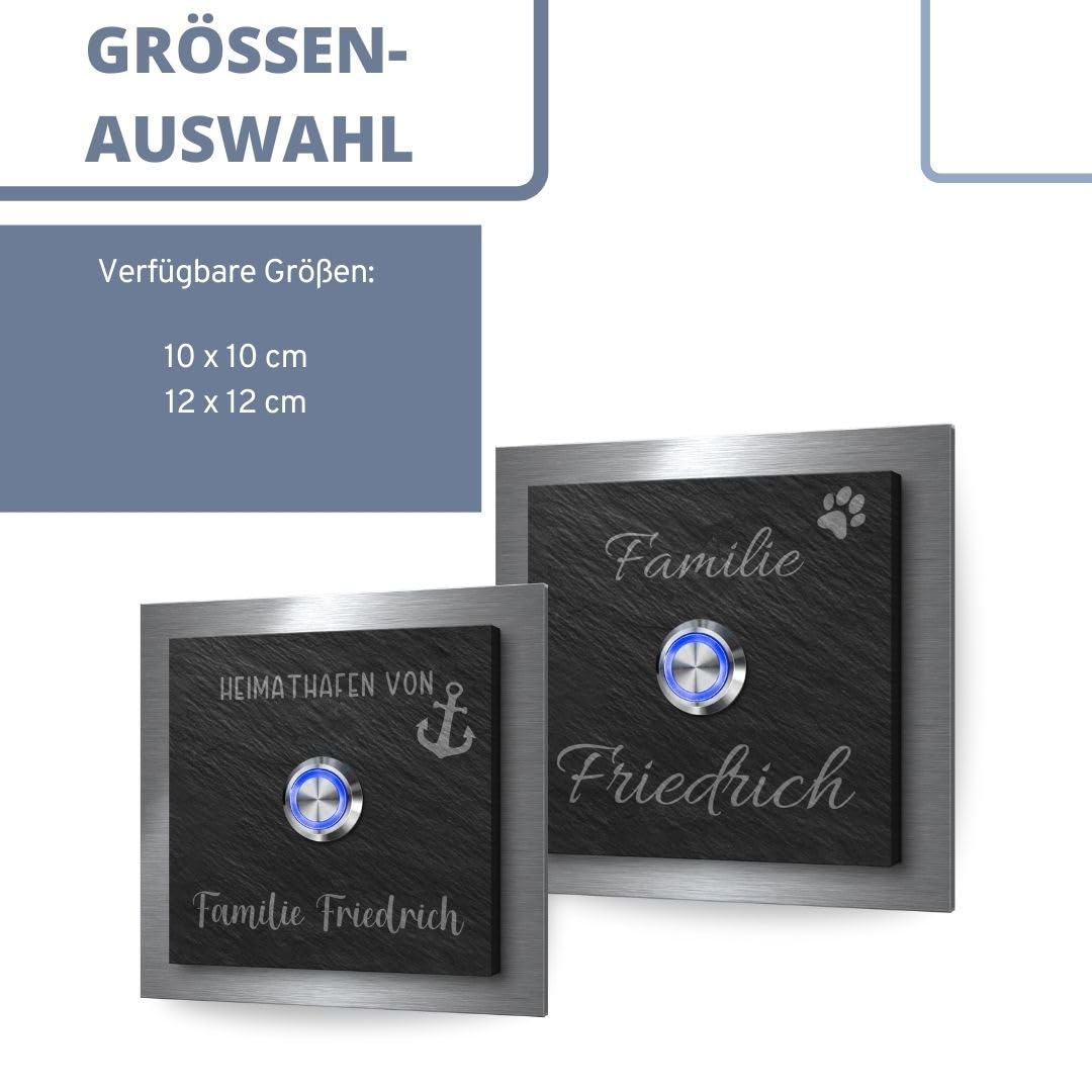 Schiefer Türklingel mit Edelstahlrahmen - Klingel Modell Friedrich ab 10x10 cm | Individuell graviert mit Wunschtext und Motiven - Optional mit beleuchtetem Klingelknopf