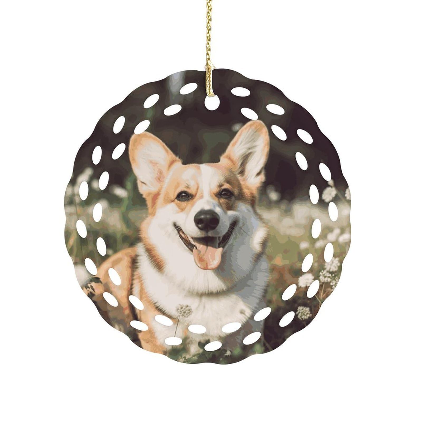 Btcowzrv Style Happy Corgi Dog Ceramic Ornament,Round Ornaments With Hole Easy To Hang,Hanging Ornament For Wedding Party Home Window Garden Christmas Day Decor
