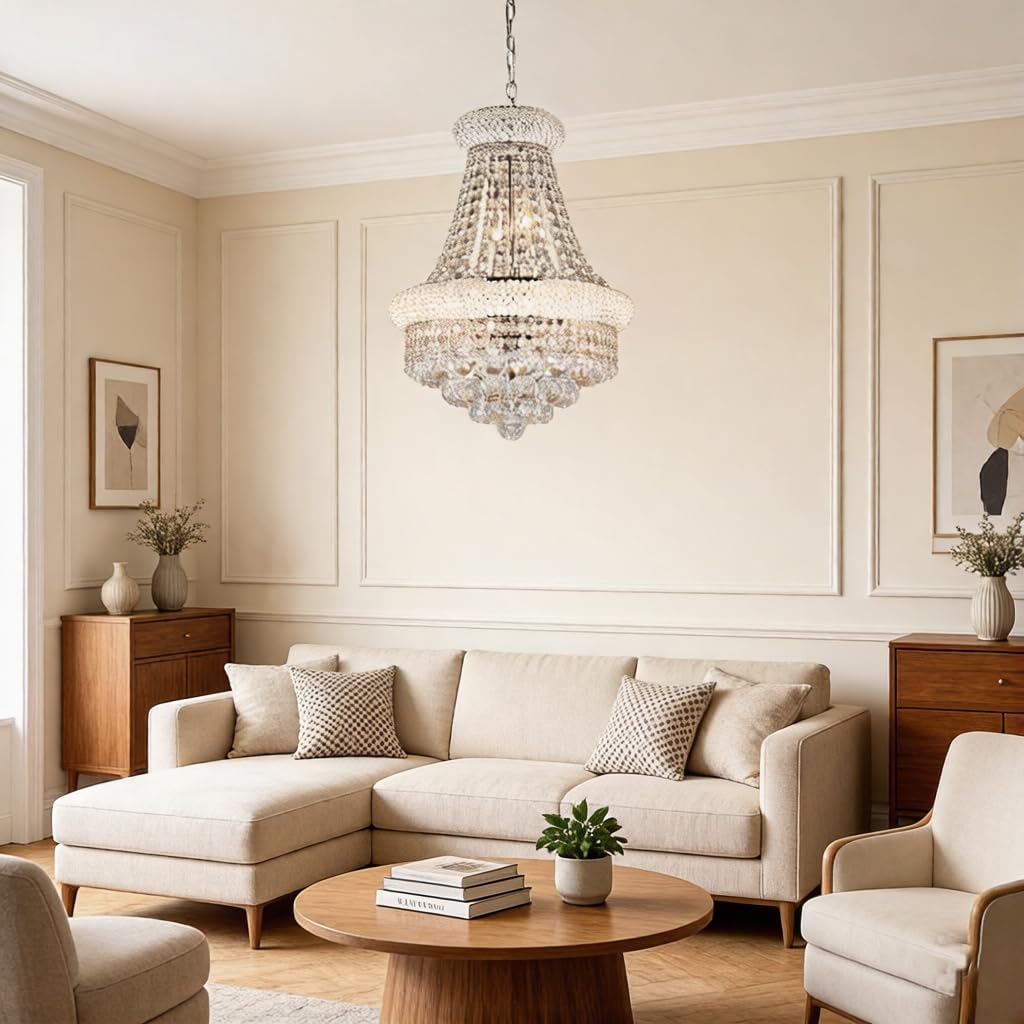 Nowoczesne srebrne kryształowe żyrandole do jadalni, Smart Dimmable Luxury 6-Light Empire Style K9 Crystal Lighting Fixture do salonu, sypialni, średnica 42 cm