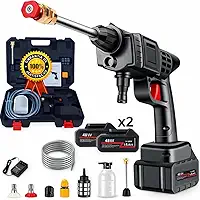 Lavadora Portátil Sem Fio, 2 Baterias, Bivolt Recarregável, Sistema de Sucção Inteligente, Mangueira 5m, Kit Completo para Carro, Moto, Casa e Jardim