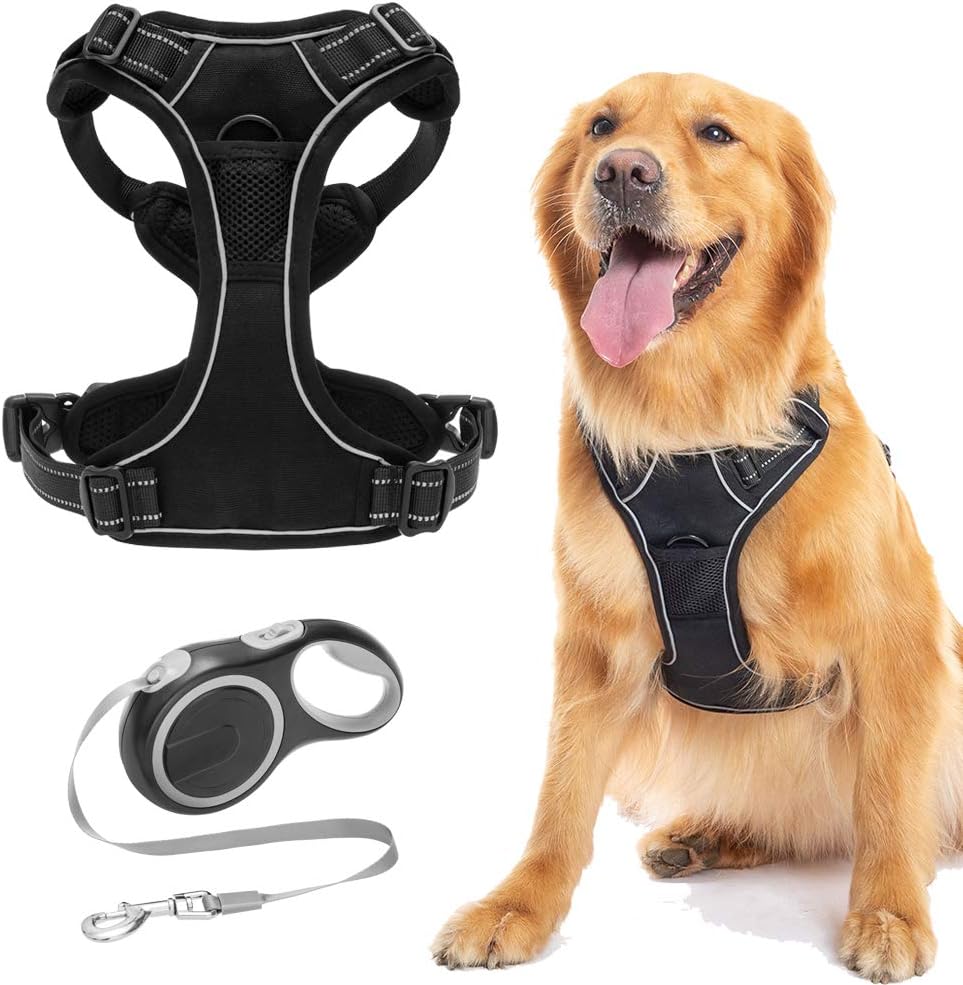 EXPAWLORER No-Pull Dog Harness with 16ft Retractable Dog Leash - Adjustable and Soft Mesh Harness, Reflective No-Choke Pet Vest with Easy Control Automatic Dog Leash for Outdoor Walking for Large Dogs