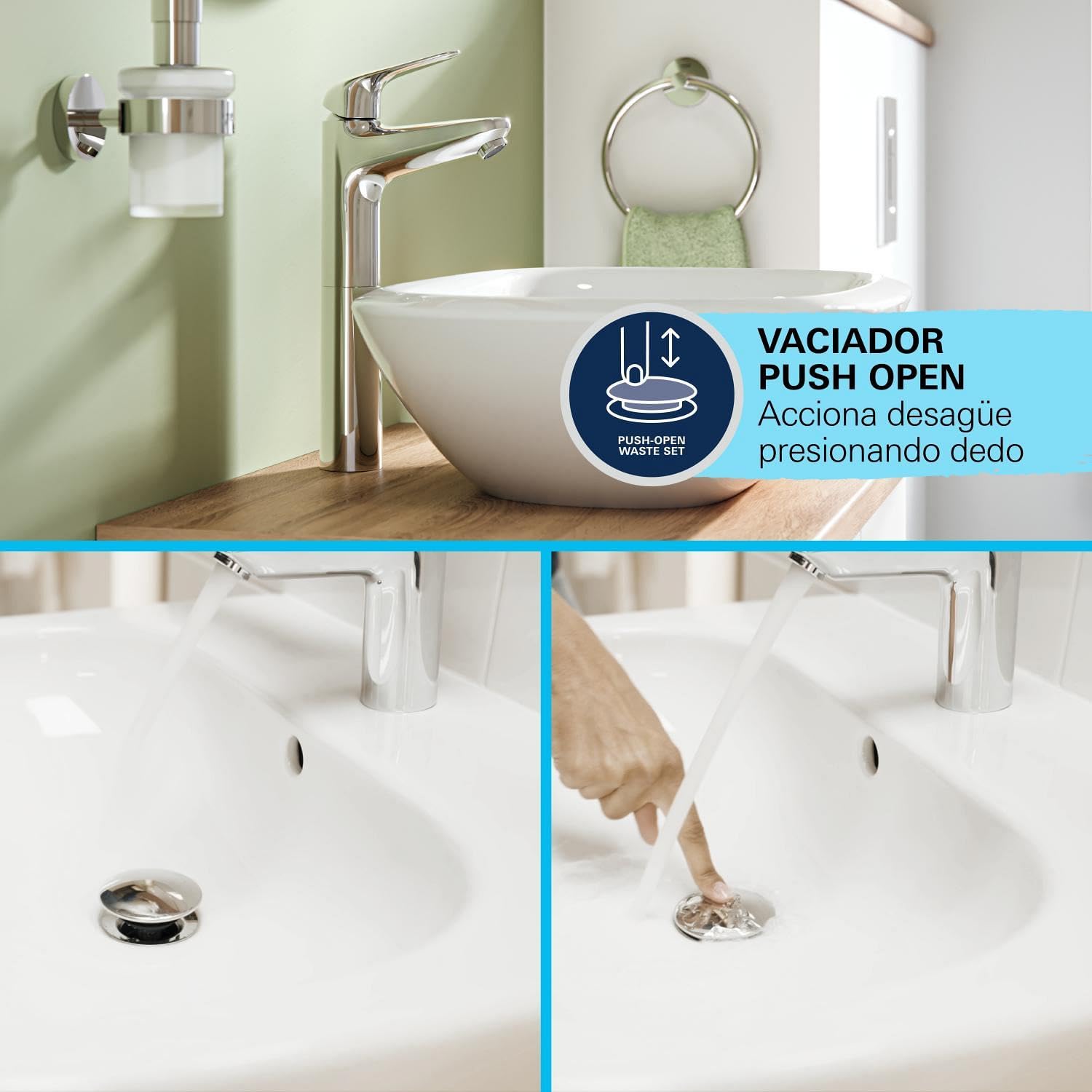 GROHE Swift 24331001 armatura umywalkowa (oszczędność wody, wysokość ~ 32 cm, w zestawie narzędzie montażowe, odpływ Push-Open), chrom