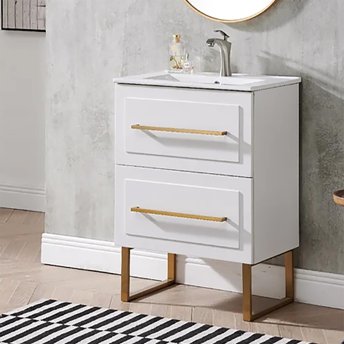 24 Inch Bathroom Vanity, Small Bathroom Sink Vanity Set, White Bathroom Vanity Cabinet with Sink, Modern Bath Vanity Combo with 2 Drawers