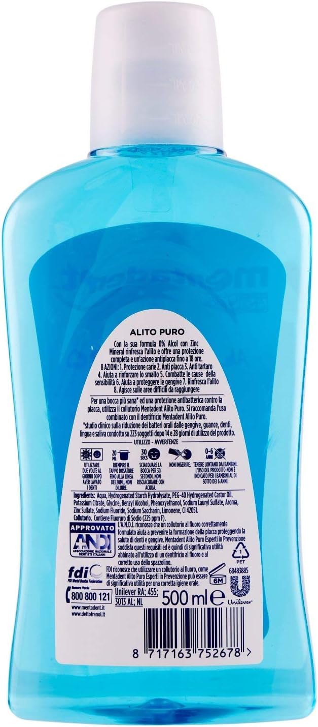 12 x MENTADENT Collutorio Alito Puro - Collutorio quotidiano per l'igiene orale, effetto fresco intenso, protezione di denti e gengive, 500 ml + portachiavi Beni Culinari