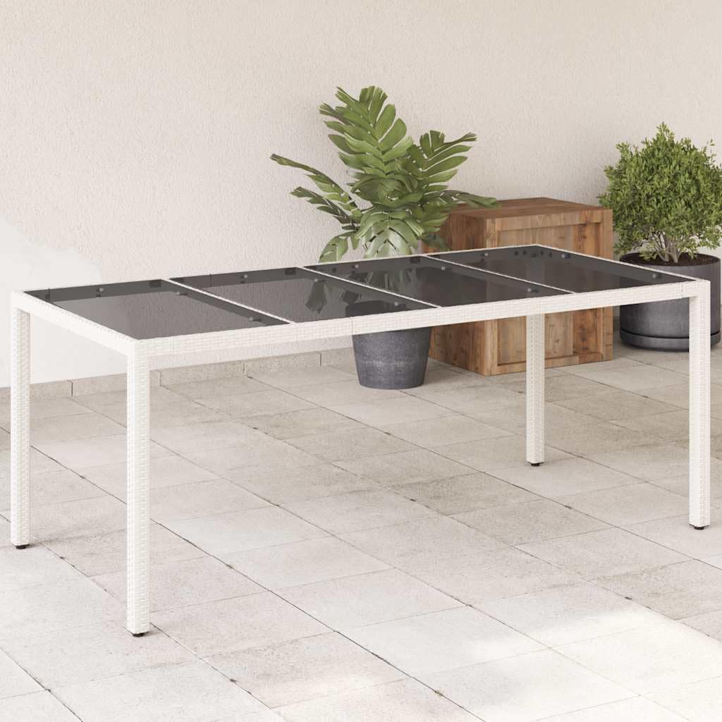 Stół ogrodowy ze szklanym blatem, biały, 190 x 90 x 75 cm, polirattan, stal malowana proszkowo, wytrzymały, odporny na warunki atmosferyczne, na balkon, taras, do ogrodu, na zewnątrz