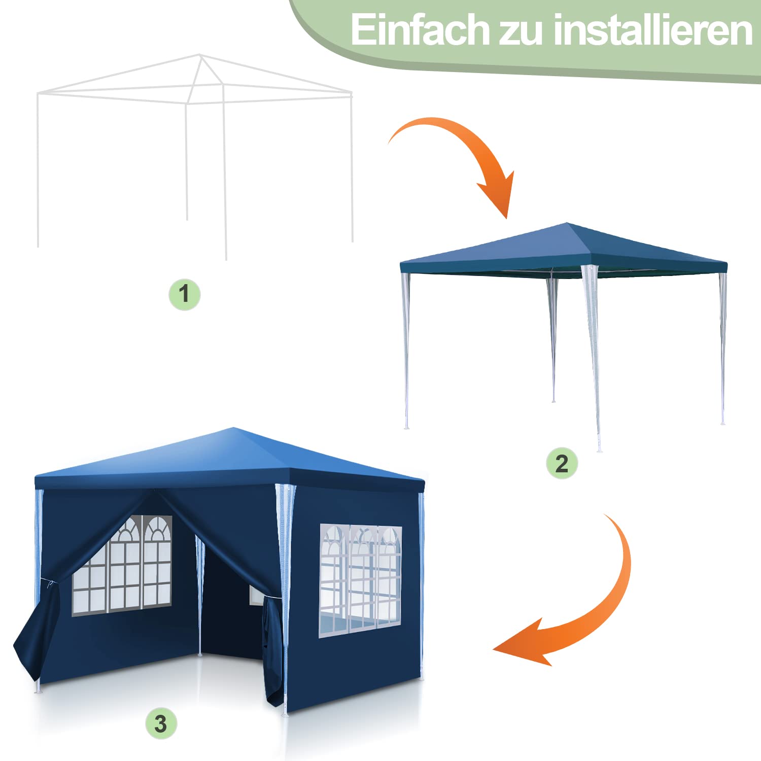 Gazebo da giardino, 3 x 3 m, impermeabile, resistente ai raggi UV, 100 g/m², di alta qualità, in PE, con 4 parti laterali, colore: blu