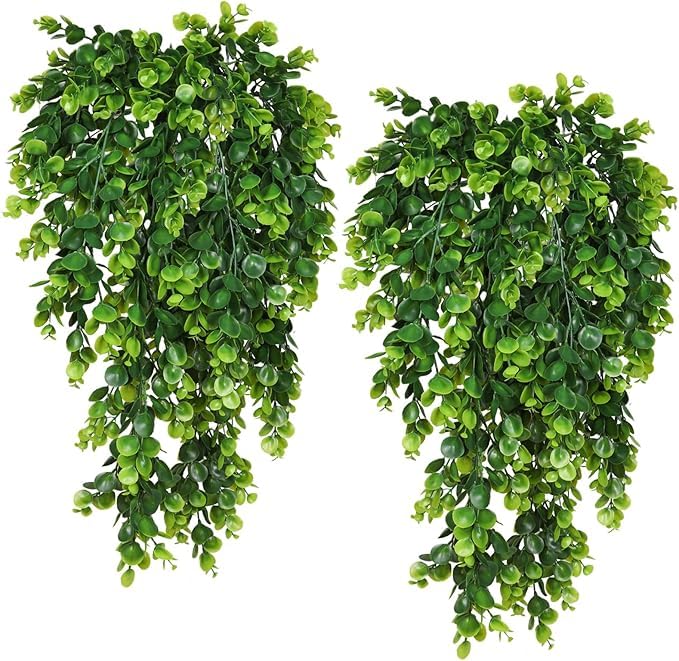 2 Pack Artificial Plants Artificial Hanging Plants Faux Eucalyptus Leaf Greenery Fake Hanging Eucalyptus Plant for Wall House Room Patio Indoor Outdoor Home Shelf Office Decor(Green)
