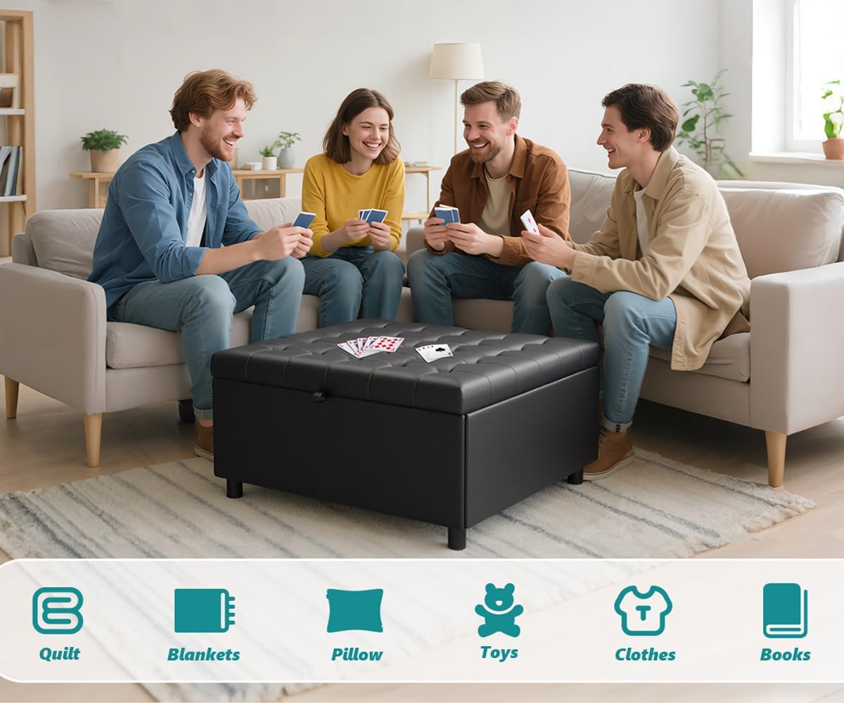 LINLUX 35.5 Inch Large Leather Storage Ottoman, Extra Large Square Lift Top Ottoman Coffee Table with Storage, Tufted Leather Ottoman Footrest Toy Box for Living Room, Black