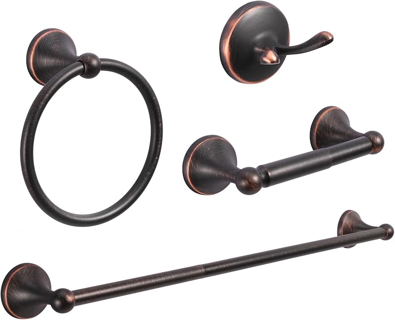 Juego de accesorios de baño clásicos de 4 piezas, bronce aceitado | Montado en la pared, material de acero inoxidable y zinc, incluye barra para toallas, aro para toallas, soporte para papel higiénico, gancho para bata