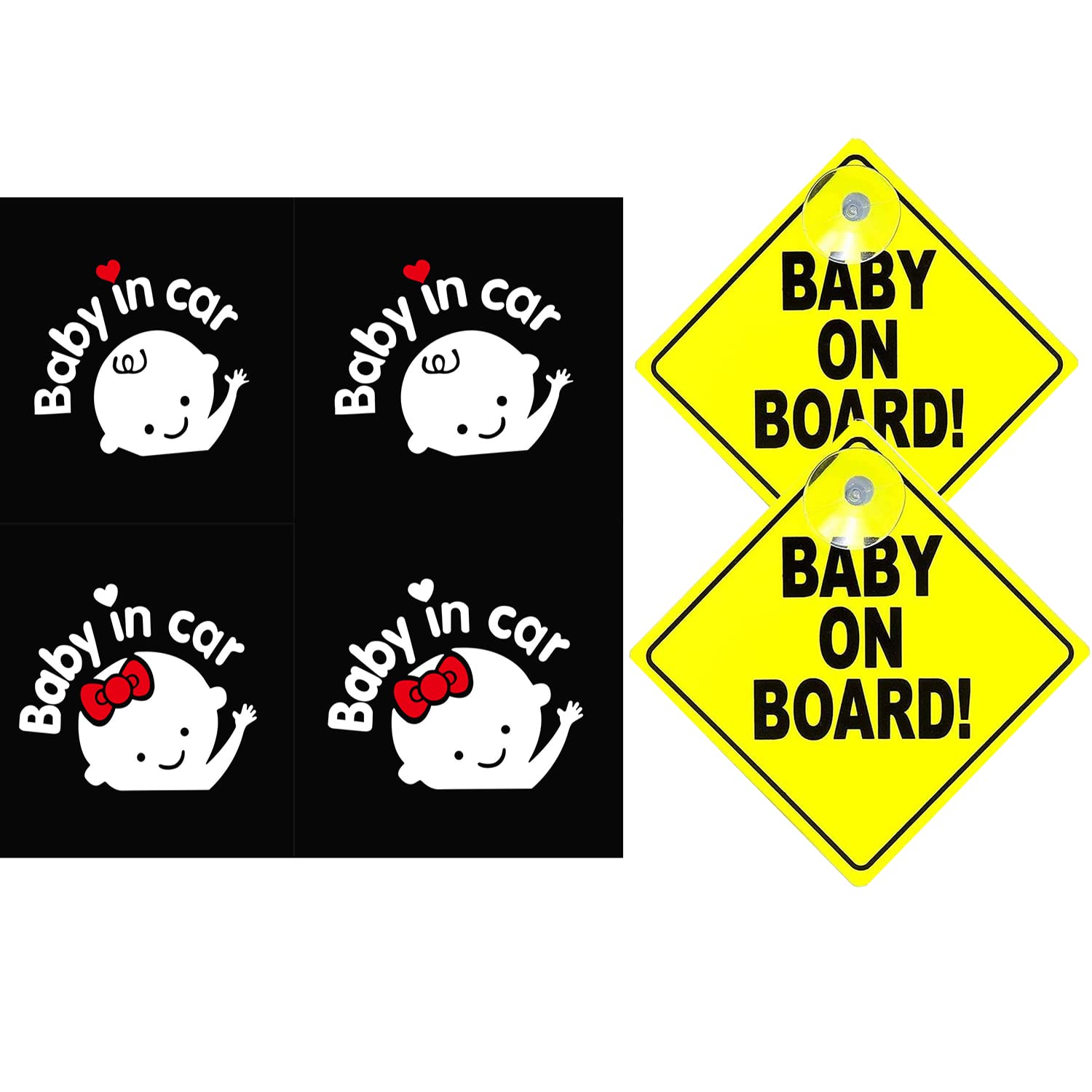 [2+4] 2 Pcs Baby on Board Signs: and 4 Pcs Baby in Car Stickers - Kids Safety Warning - Babies on Board Stickers - Premium PP with Powerful Suction Cups for Car (4+2)