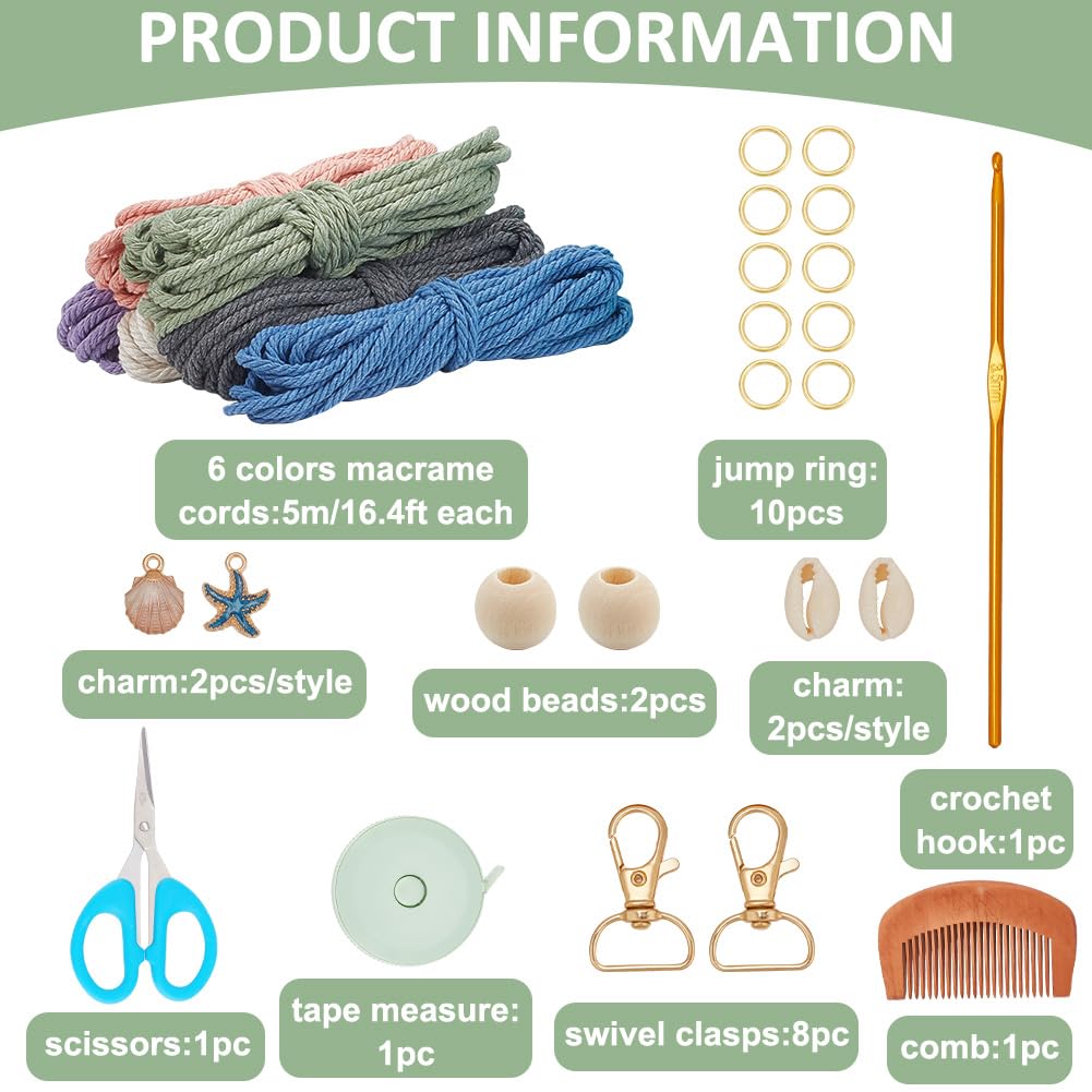ACRNIGHEET 6PCS Seashell Macrame Keychain Kit for Beginners DIY Boho Macrame Making Kit for Adults Colorful Keychain Macrame Starter Kit for Keys Bags Charms Ocean Macrame Keychain Kit with Video