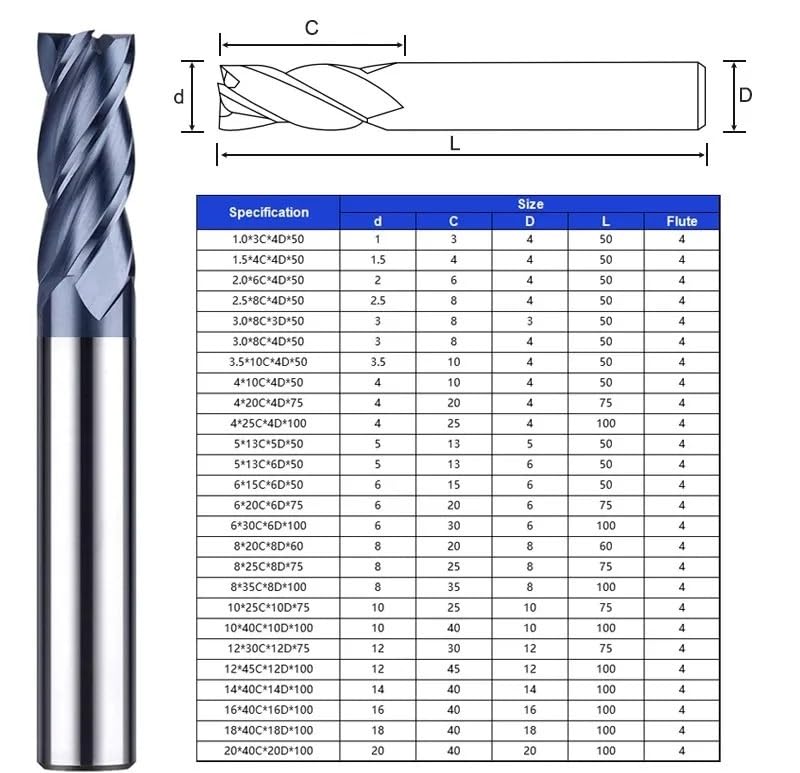 1 szt. Frez czołowy płaski HRC50 z powłoką 4-ostrzową, węglika wolframu, do obróbki mechanicznej CNC(8x40x150L)