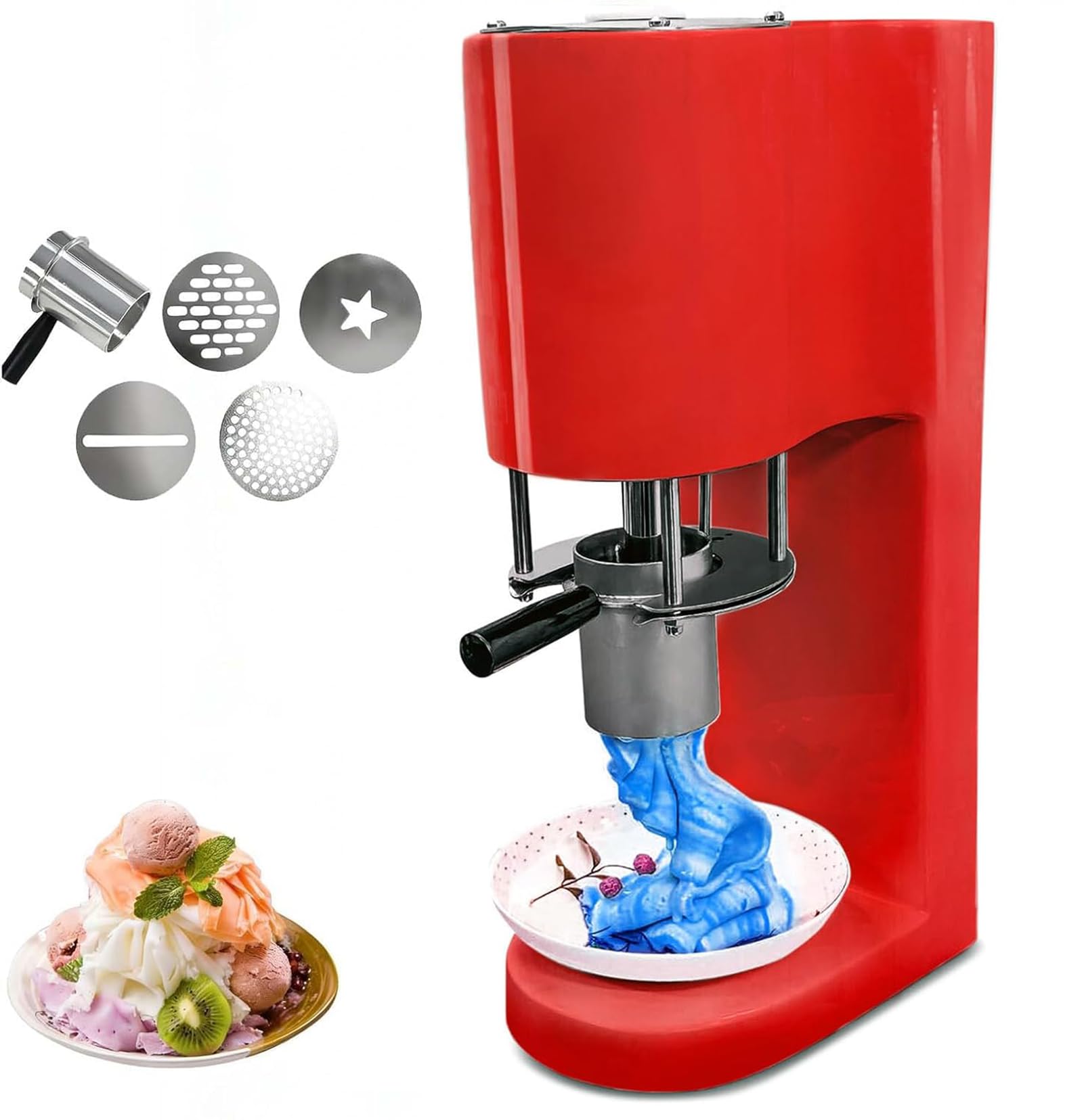 GZGHRZQS Spaghetti Ice Cream Press Machine, Multi-Shape Press Machine 4 Interchangeable Molds, Space Saving Design, One-Touch Start, East Clean, Soft Serve Dessert Machine for Shops, Catering