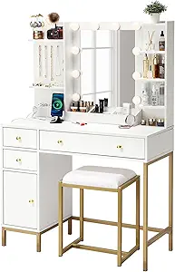 GarveeHome Vanity Desk with Mirror, Makeup Vanity Table with Chair & Charging Station, Dressing Table with Drawers & Storage Shelves, Vanity Table Set for Bedroom Dressing Room, 3 Lighting Modes