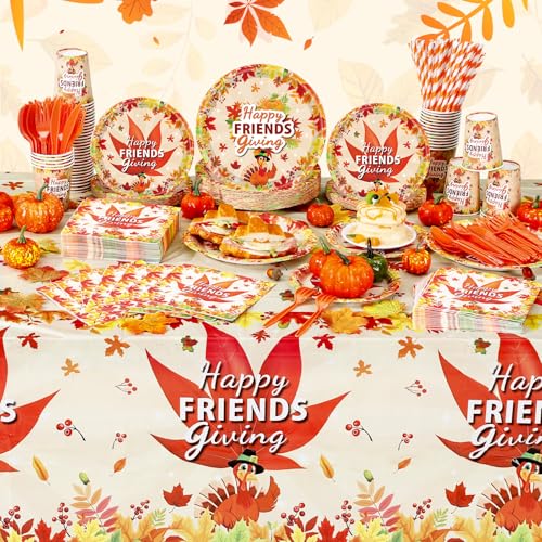Image of Funnymoom 452 Pcs Happy Friendsgiving Party Decoration for 50, Fall Maple Leaf Friends Giving Paper Plates Napkins Cups Tablecloth Cutlery Straws for Autumn Friendsgiving Thanksgiving Party Supplies