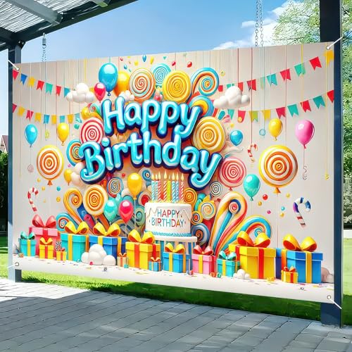 Image of BlissYard Happy Birthday Banner 71x43 Inch Candy Theme Decoration for Boys Room Party Display Birthday Backdrop Colorful Scene for Kids Wall Setup Backdrop Poster