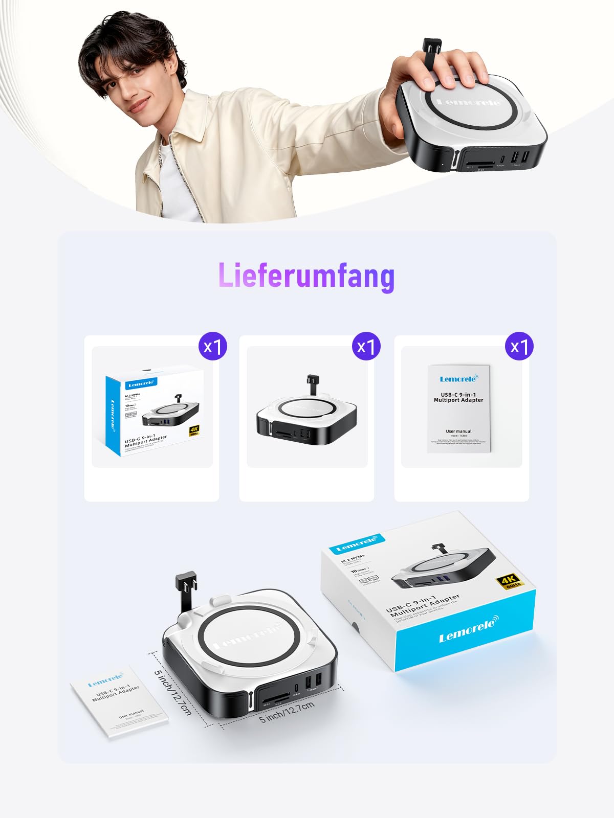 Lemorele Mac mini M4 Dock con DisplayPort 4K@60Hz per configurazioni a doppio monitor, 4 porte USB 3.2/3.0, slot SSD M.2 NVMe a 10Gbps, lettore di schede SD/TF con Mac mini M4/M4 Pro
