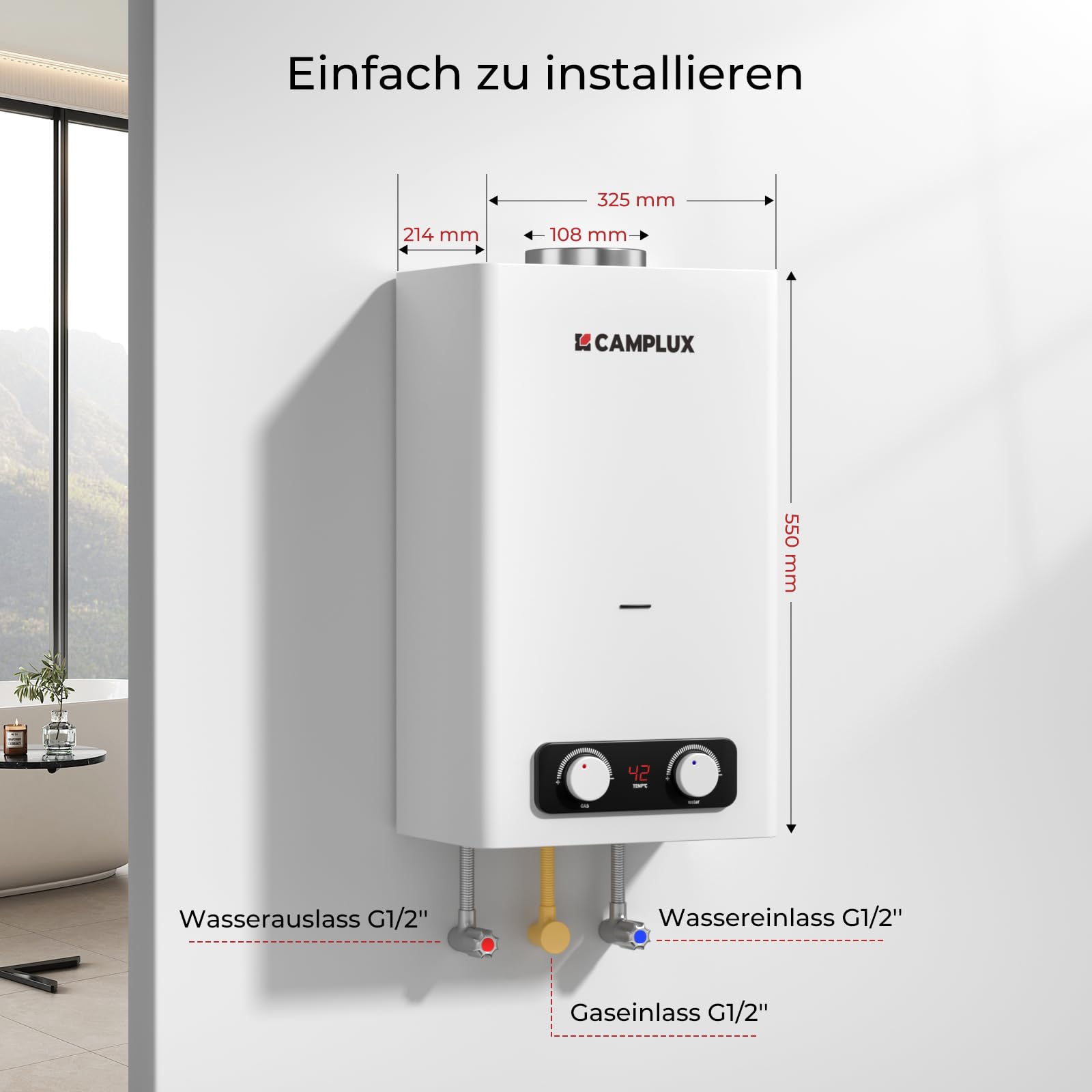 CAMPLUX 10 Liter Gasdurchlauferhitzer Indoor, BY264-DE Gastherme für Küchen-/Balkoninstallation, 50mbar, LPG, 3V, 20kW