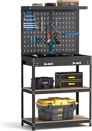 ERGOMASTER Banco de trabajo con cajones, banco de trabajo de garaje resistente con tablero de clavijas, mesa de trabajo de capacidad de 965 libras
