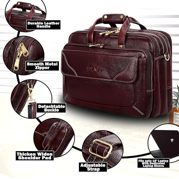 Image of Full-Grain Natural Genuine Pure Orginal Leather Office Briefcase Laptop Messenger Shoulder Bags For Mens Man Office Use 15.6 Inch cabin szie travelling Size-L-16'' X H-12'' X W- 6''