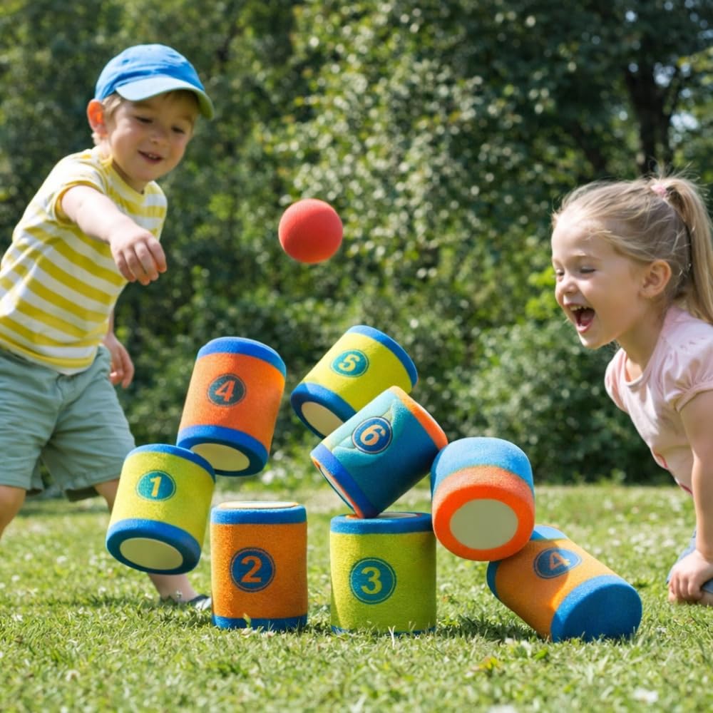 SHOP-STORY Jeu de Chamboule Tout en Mousse, Jeu d'Adresse avec Balles et Cibles Souples, pour Enfants Dès 6 Ans, Intérieur et Extérieur