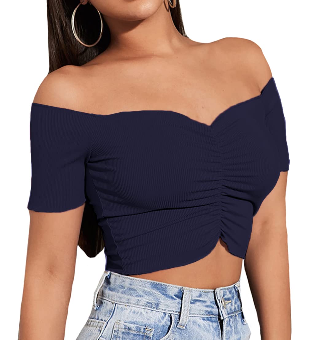 LYANERWomen's Off Shoulder Ruched Short Sleeve Rib Knit Sexy Crop Top Blouse