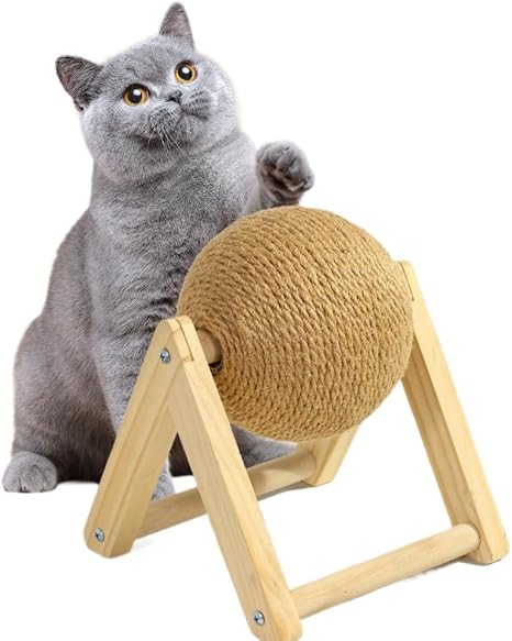 Cat Scratcher Toy Natural Sisal Scratching Ball Cat Scratcher with Ball Solid Wood Scratcher Toy Indoor Cat Exercise Ball (Brown)