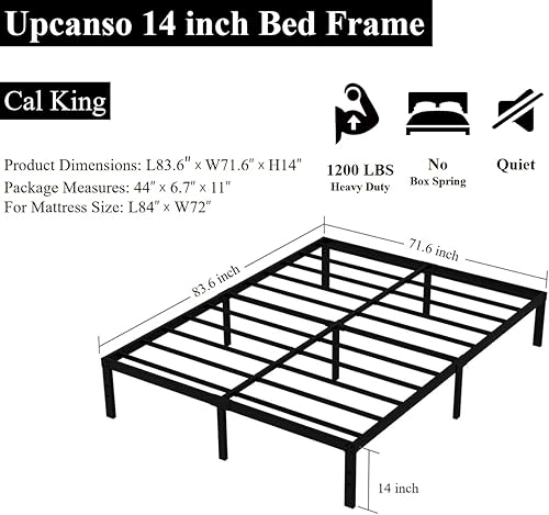 Miniatura 3 de Marco de cama de metal California King, plataforma de almacenamiento resistente de 14 pulgadas con soporte de listones de acero de 2500 libras,