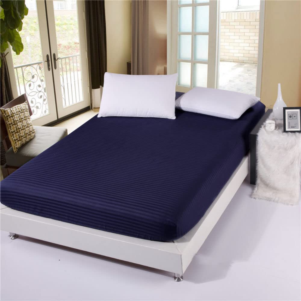 Drap de lit en satin de coton à rayures bleu avec élastique - 200X200X26cm