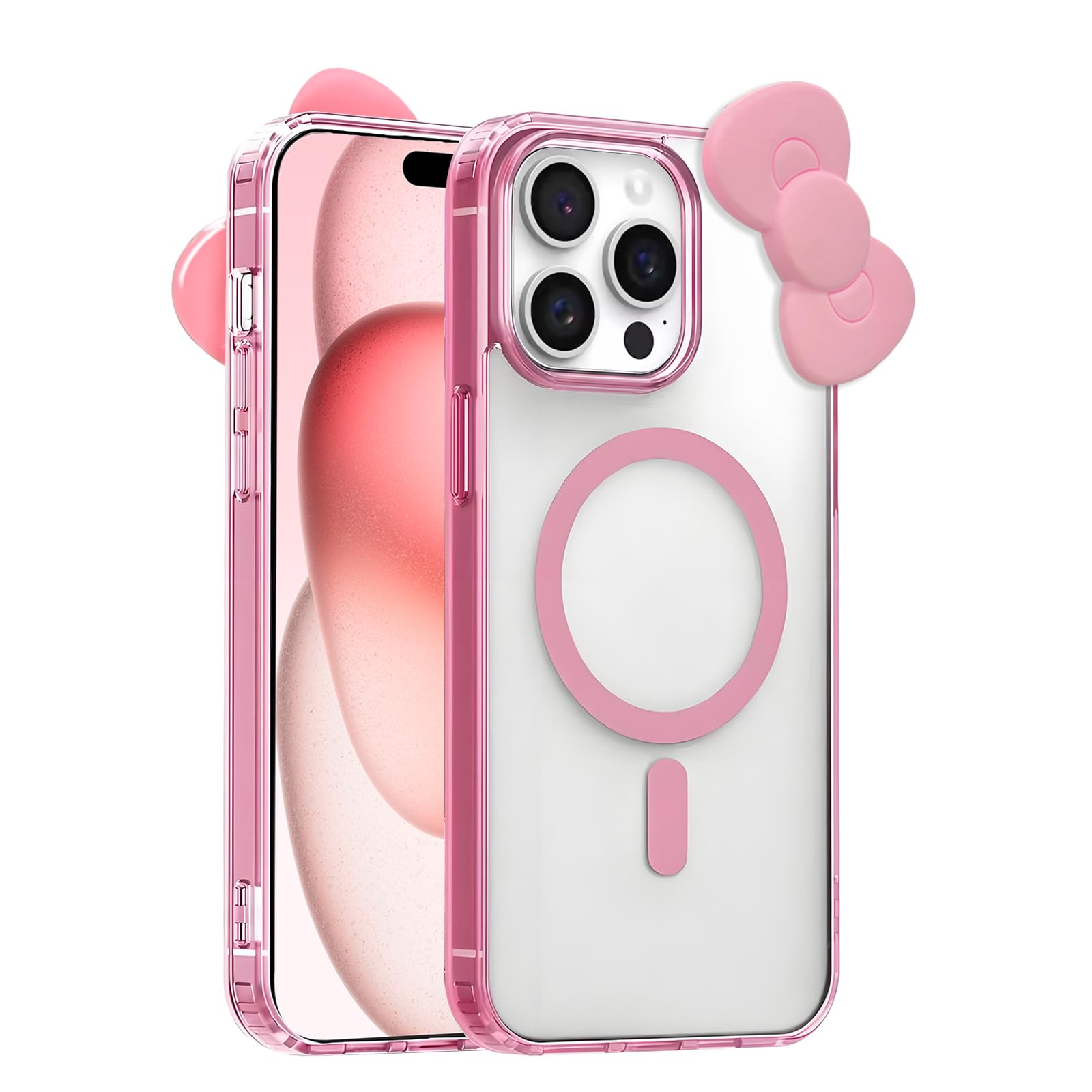 Cute Cartoon 3D Bowknot Design Compatible For iPhone 15 Pro Max Case, Kawaii fun design transparent magnetic shockproof protective case for boys and girls for iPhone 15 Pro Max 6.7" 2023 (Pink)