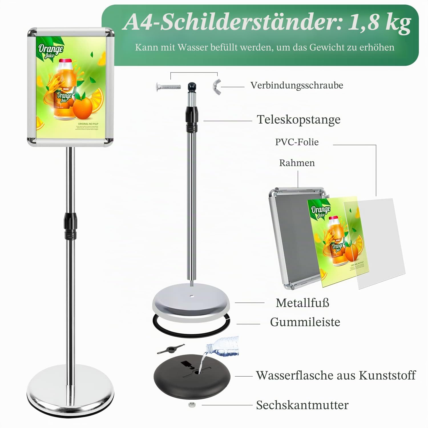 A4 Ständer Schilderhalter Display freistehende Schilder Aluminium Boden Poster Ständer für Informationen, Menüs, Hinweise, Silber, 2 Packungen