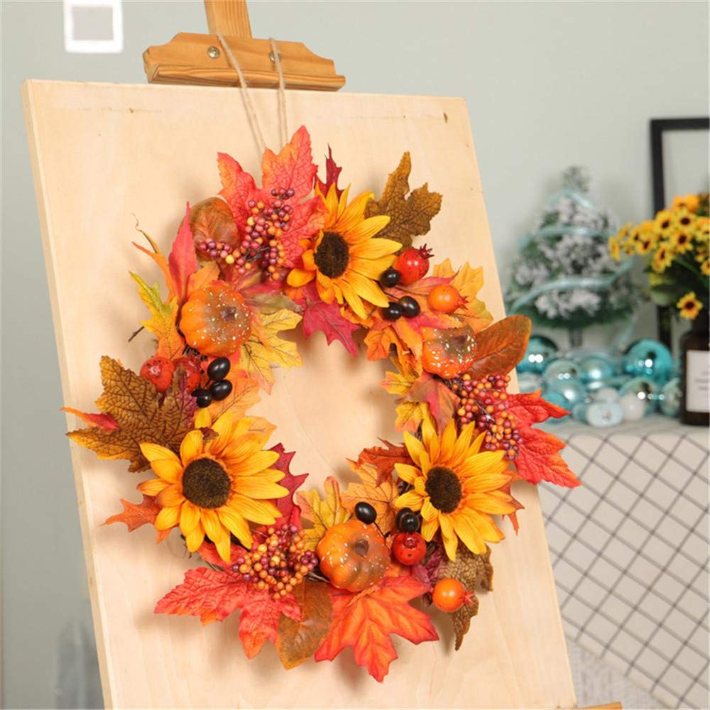 Guirlande De Noël Décoration Porte Ronde Guirlande De Fleurs avec Feuille D'Érable Citrouille Baies Rouges 45cm