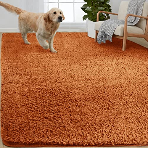 Image of Gorilla Grip Soft Faux Fur Area Rug, Washable, Shed and Fade Resistant, Grip Dots Underside, Fluffy Shag Indoor Bedroom Rugs, Easy Clean, for Living Room Floor, Nursery Carpets, 5x7 FT, Rustic Orange