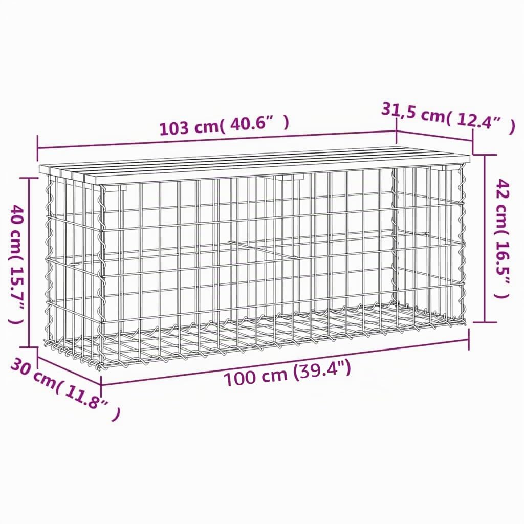 vidaXL Gartenbank aus Gabionen 103x31,5x42 cm Massivholz Kiefer